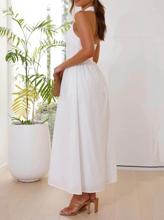 Halter Nek Taille Kleine Zwarte Jurk Midi Lengte Jurk