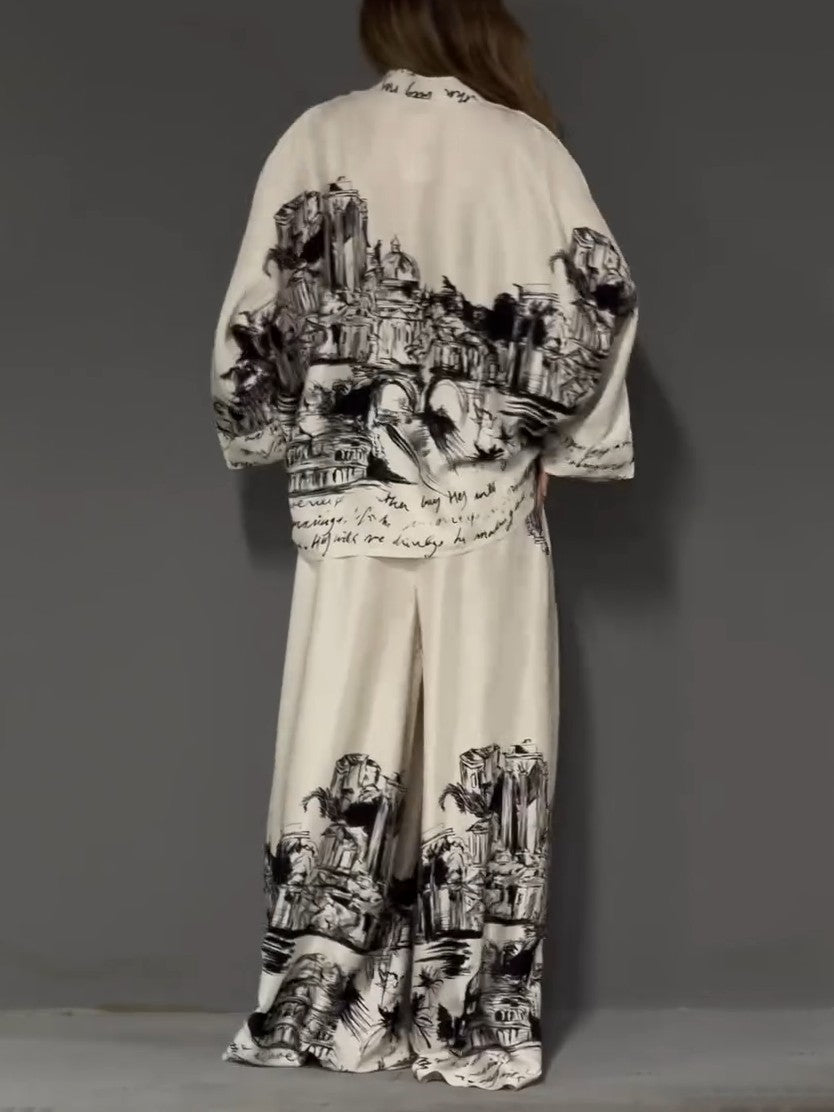 Architecturale Print Satijnen Shirt En Broek Twee-Delige Set