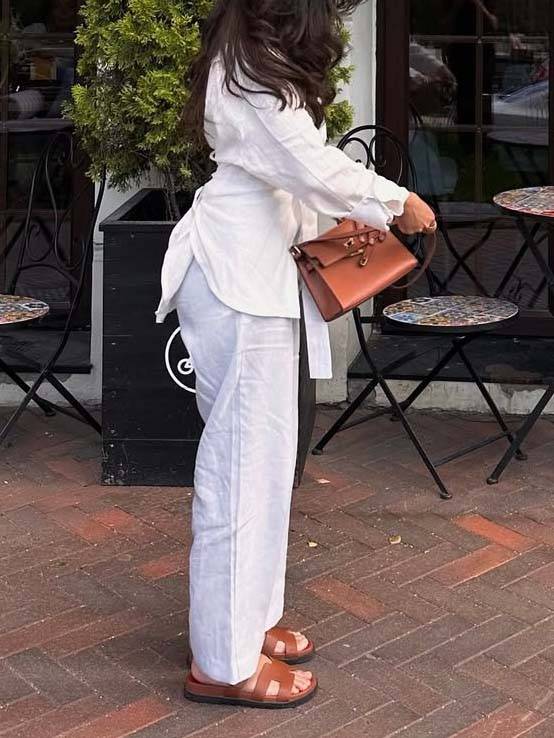 Minimalistische Staande Kraag Riem Rug Lace-up Shirt en Brede Pantalon Set-Shirt
