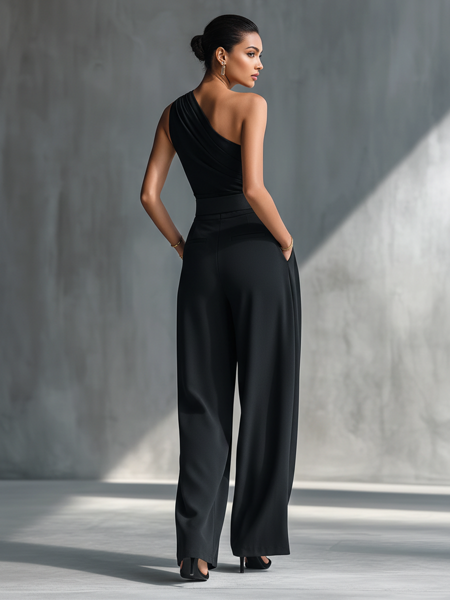 Dames Zwarte Hoog-elastische Gebreide Top en Acetaat Wijde Broek MDZ1068B3T