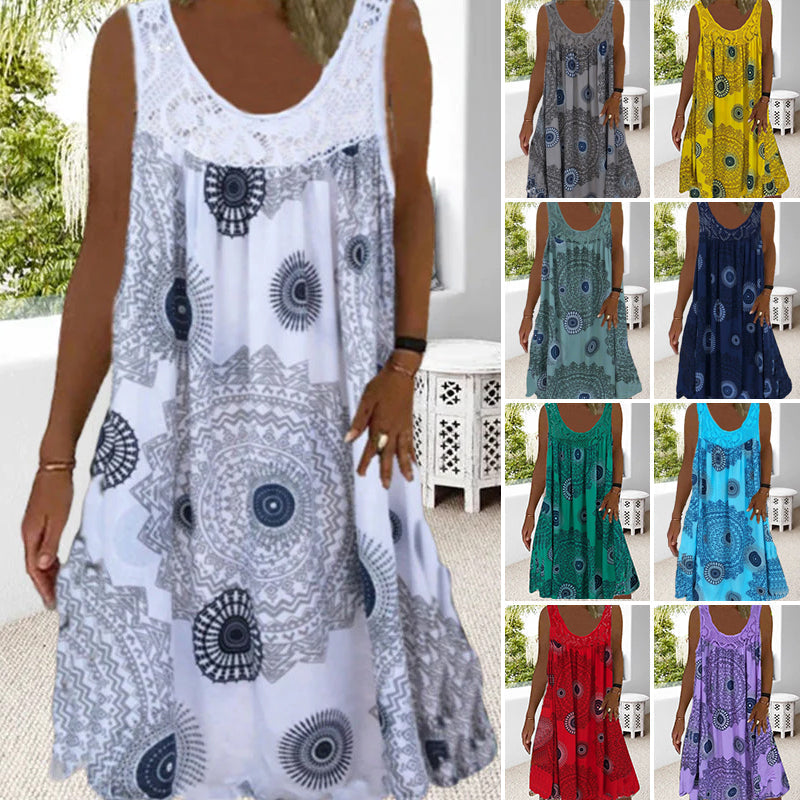 Breezia™ – Zomerse Mouwloze Jurk met Print en Kantdetails voor Dames