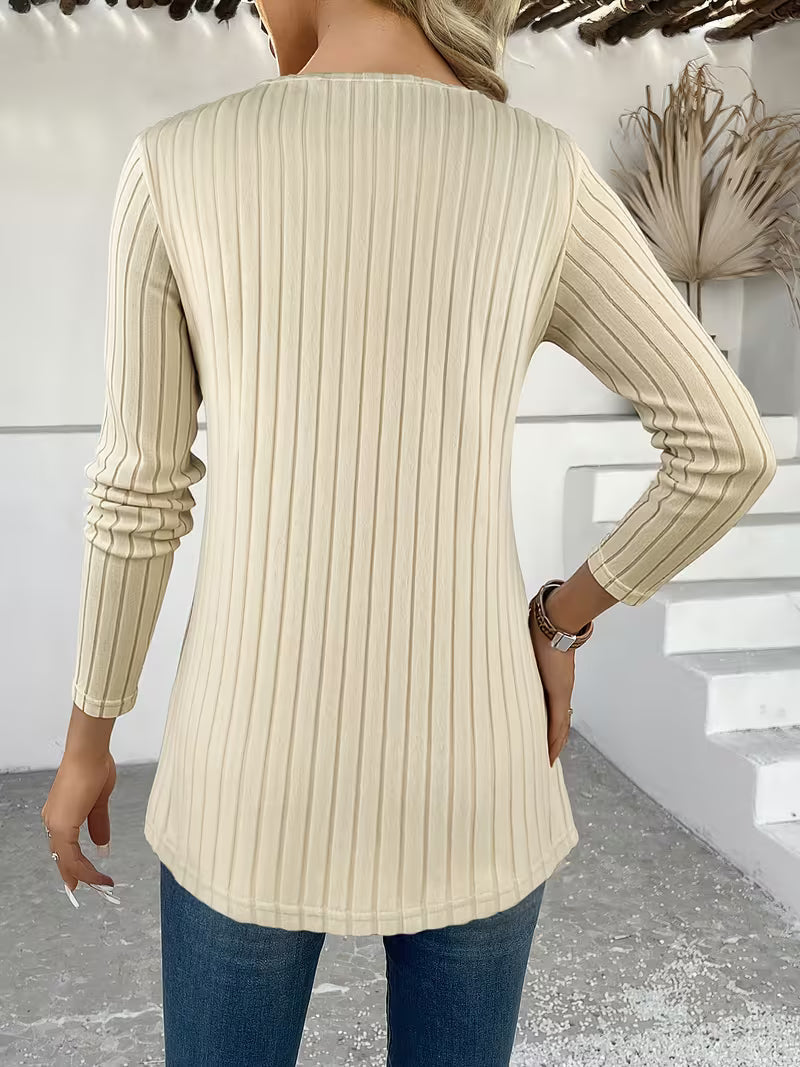 Lucynda - Geribbelde top met lange mouwen, print en details met knopen