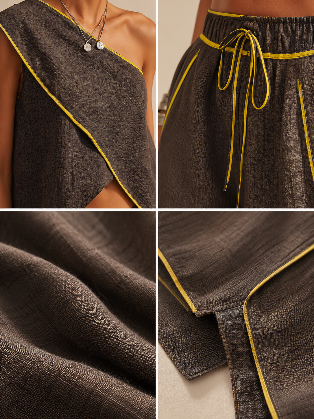Asymmetrische Eén-Schouder Linnen-Blend Twee-Delig Set