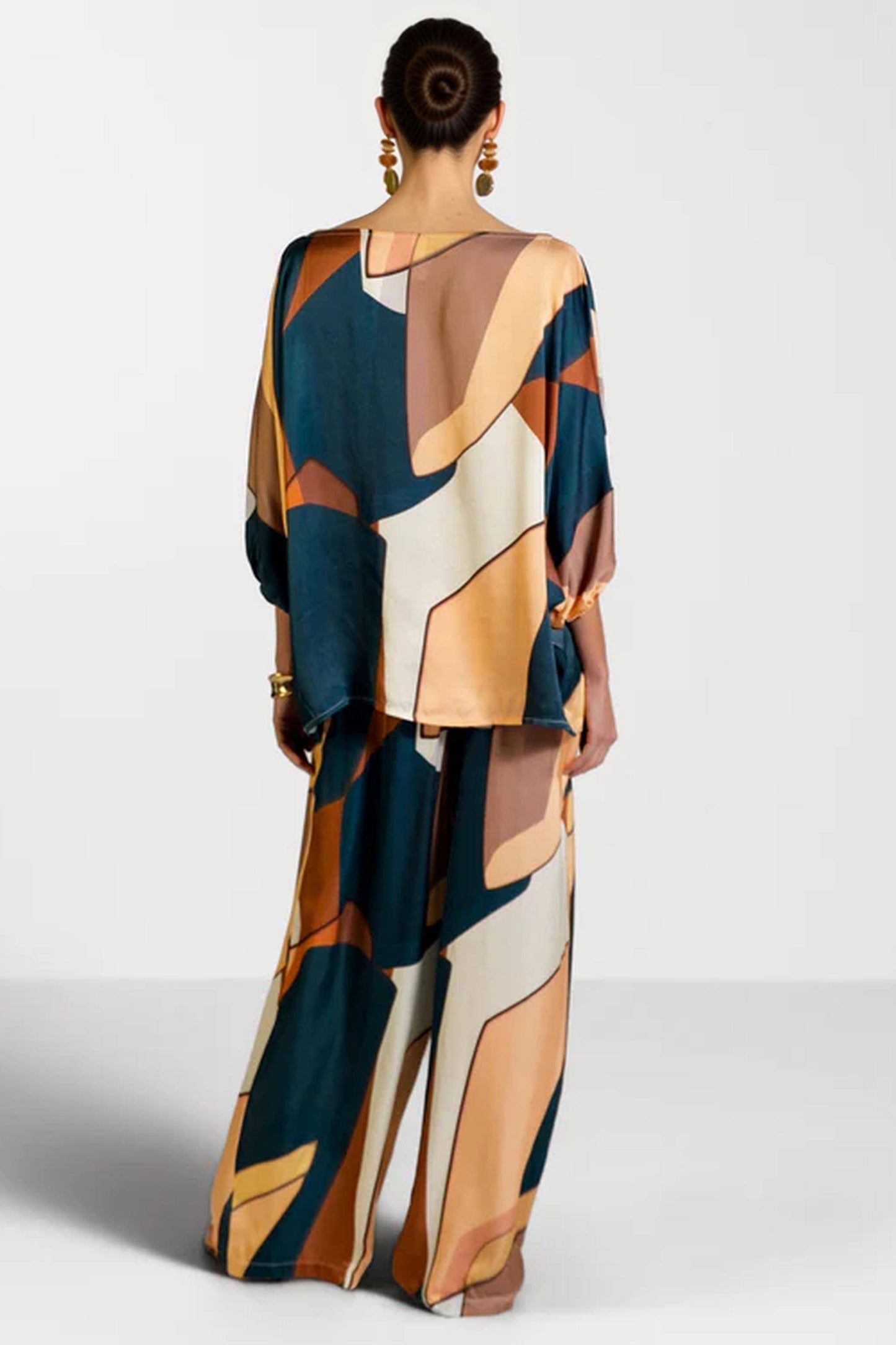 Geometrische Print Shirt En Brede Pantalon Set