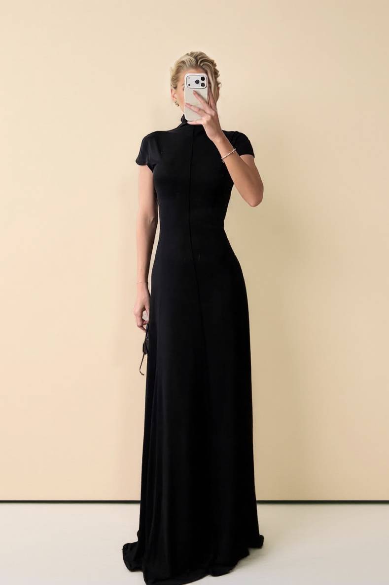 Minimalistische Hoge Hals Korte Mouwen Maxi Jurk