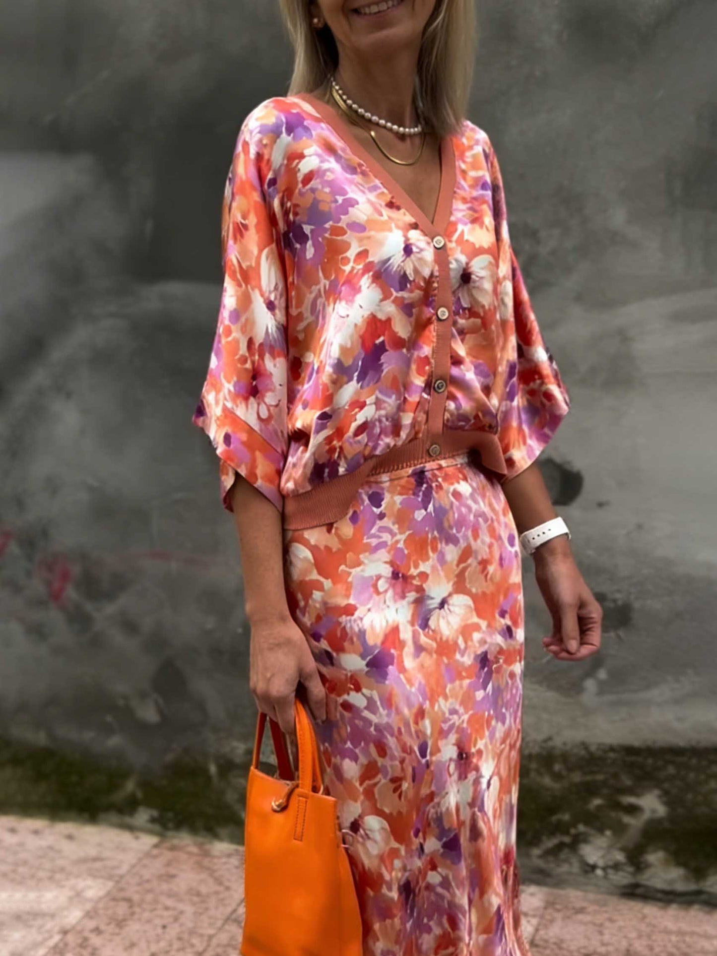 Exquise Bloemenprint Satijnen Twee-Piece Set