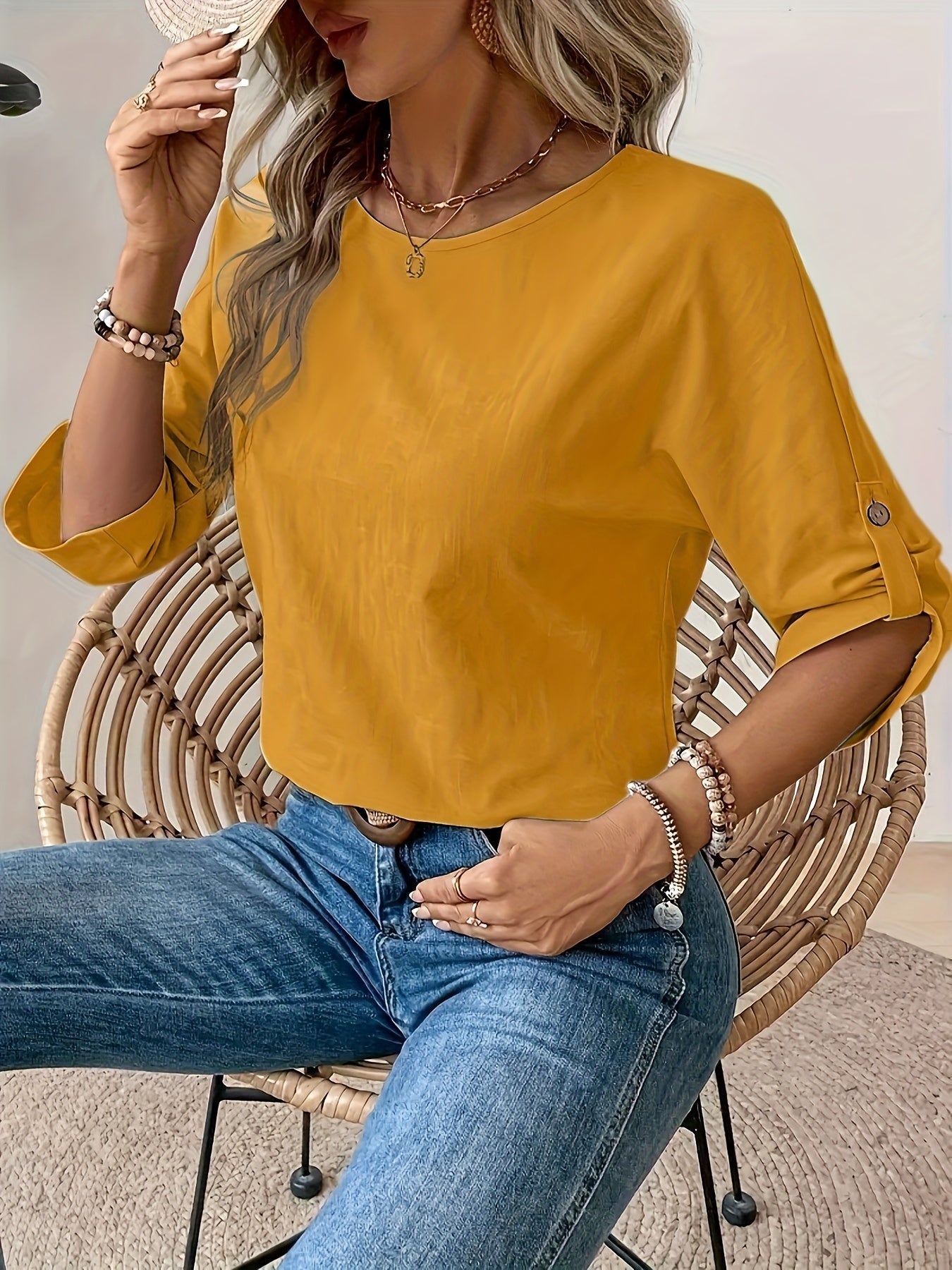 Effen Ronde Hals Blouse - 3/4 Mouw Ontwerp & Verstelbare Pasvorm