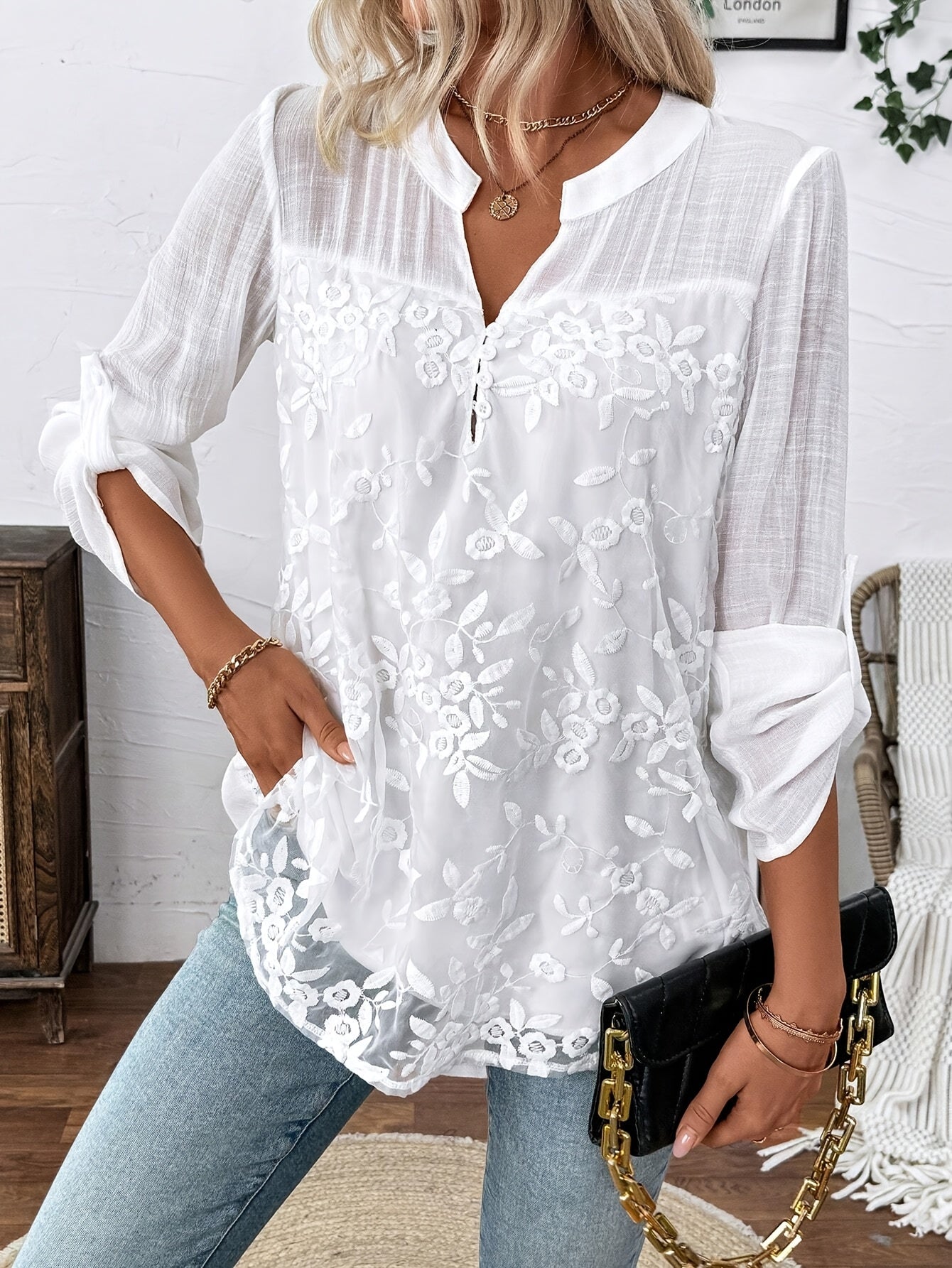Geborduurde Blouse - Bloemmotief & Lange Mouwen Ontwerp