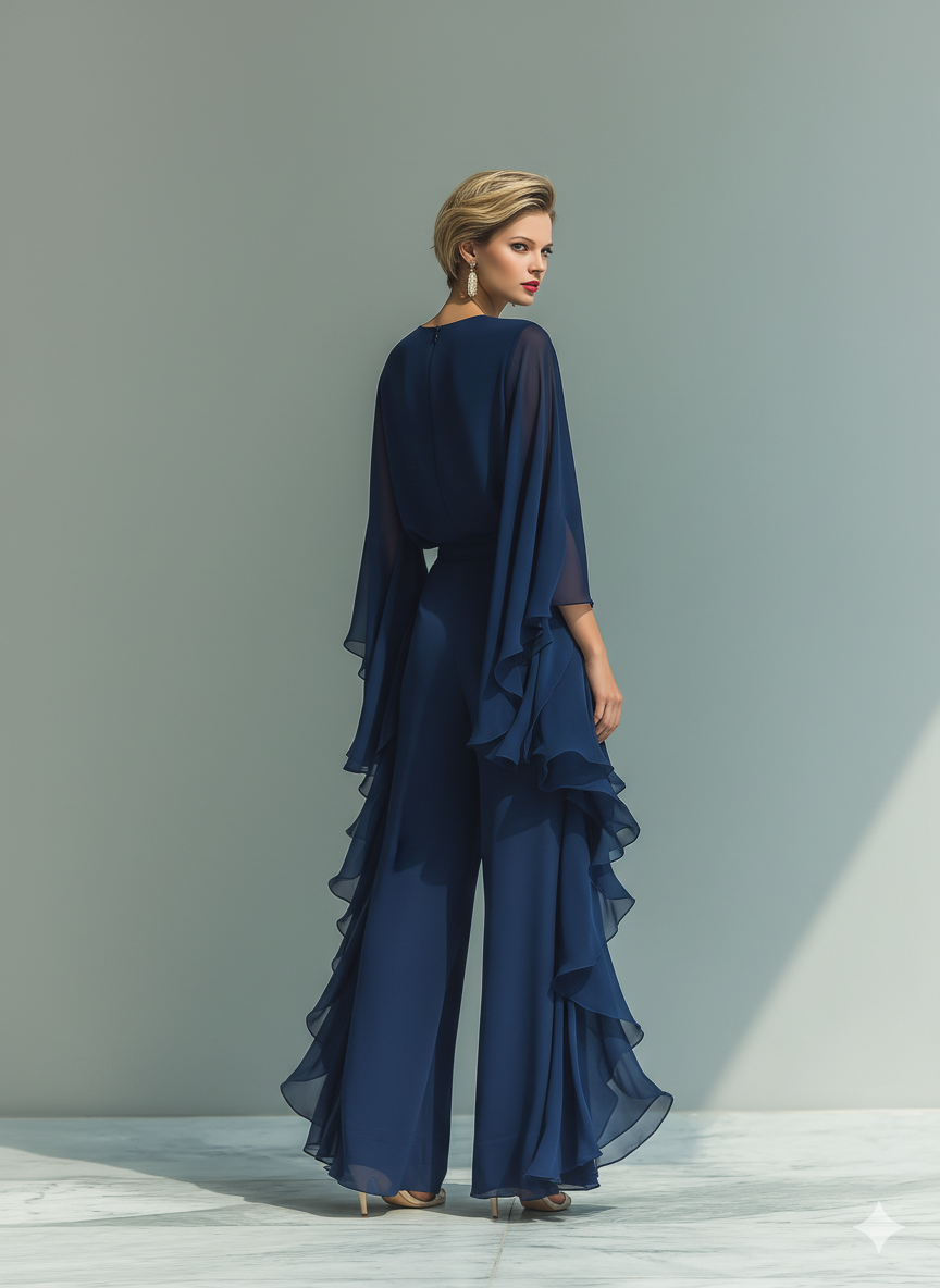 Margherita - Setje van marineblauw chiffon met klokmouwen en ruches