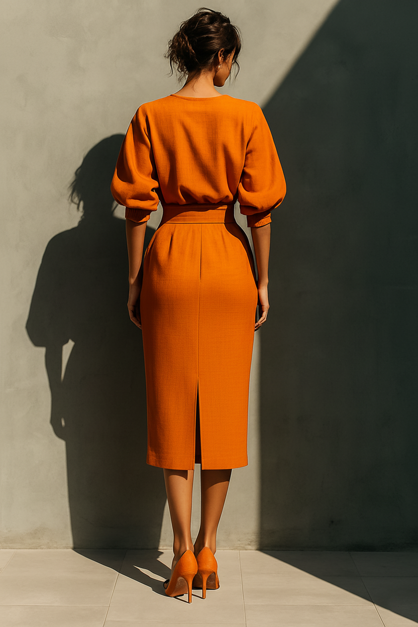 Dames Oranje Top met Middellange Mouwen en Midi Rok Set MDA2511G6T