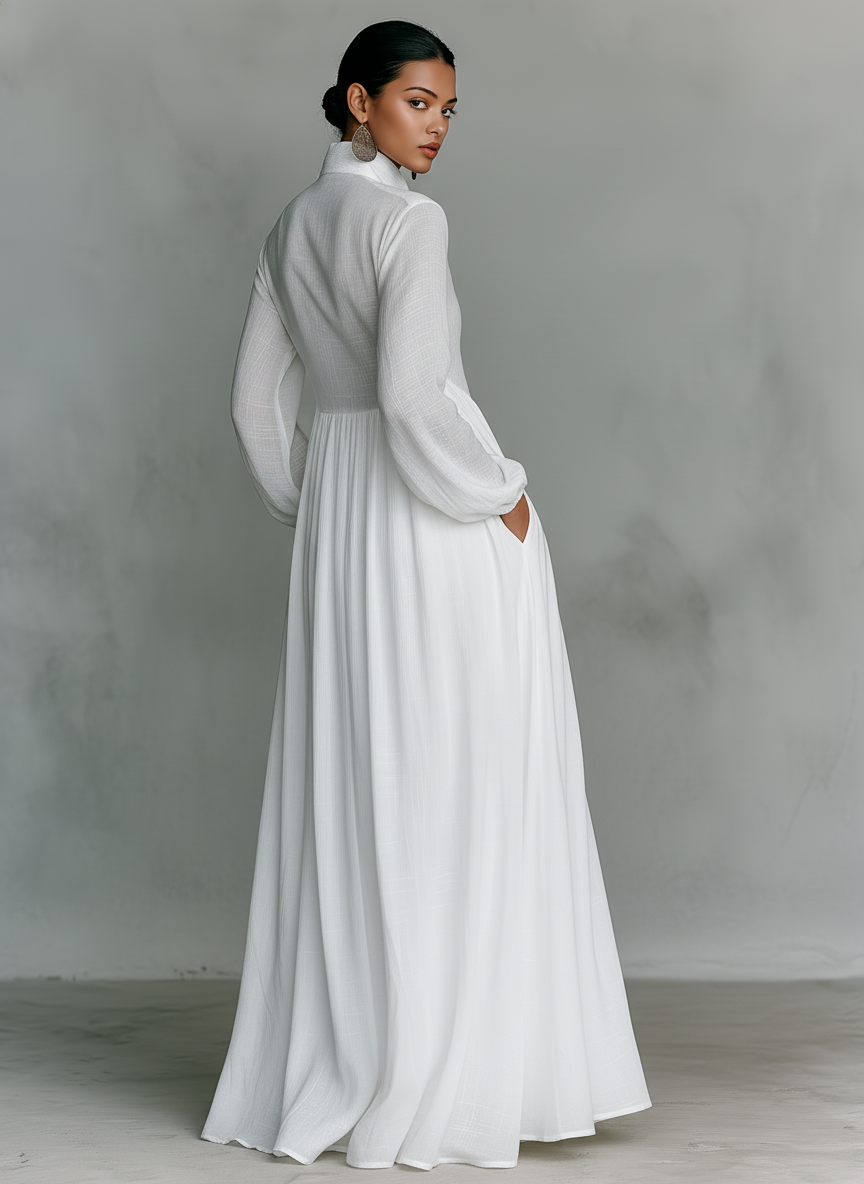 Maxi Minimalistische Jurk van Katoen en Linnen met Patchwork, Opstaande Kraag en Lange Mouwen