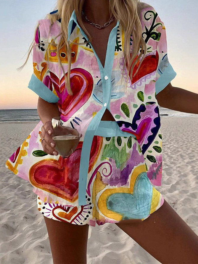 Unieke Graffiti Print Revers Korte Mouwen Shirt Twee-delig Set