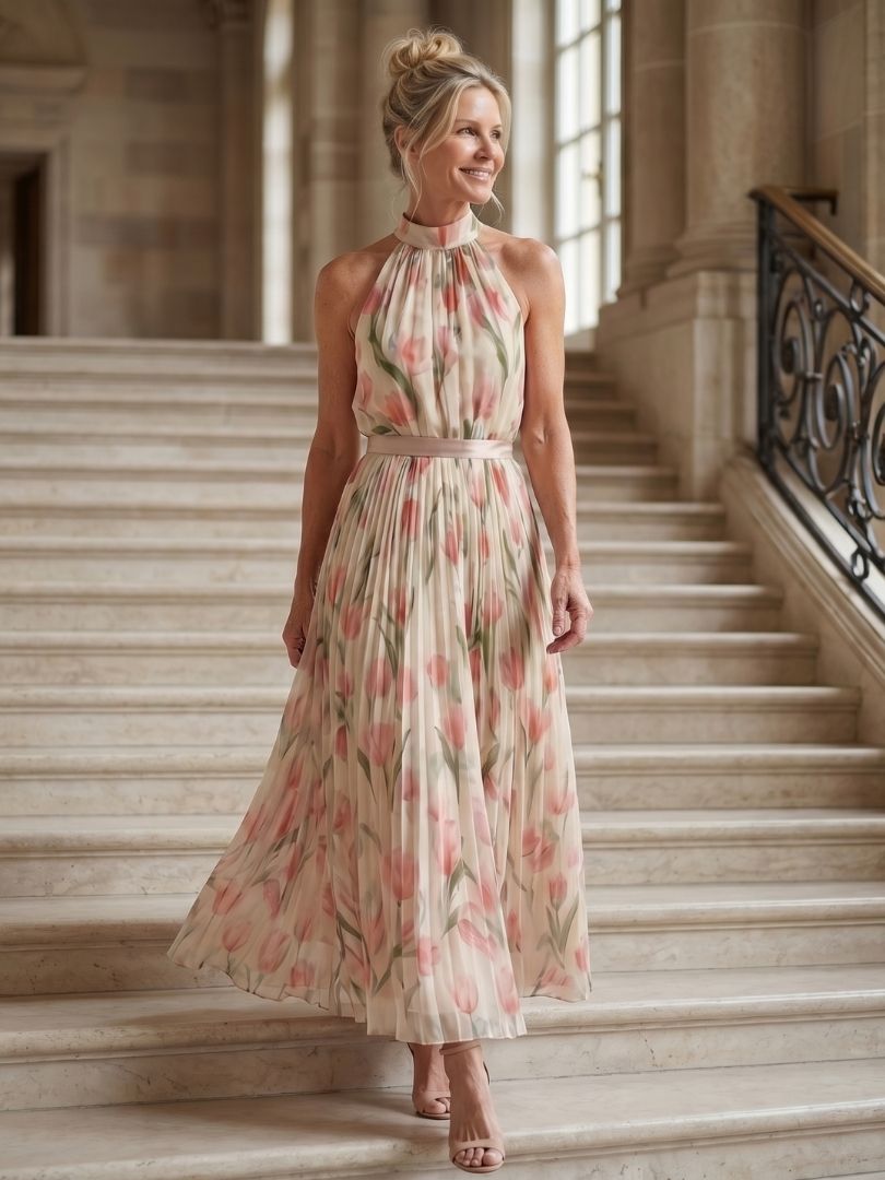 Aurelle | Midi Jurk met Bloemen en Halternek