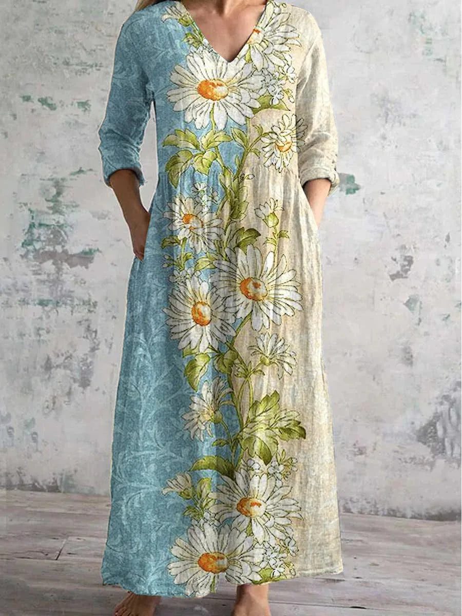 Elegante Maxi Jurk met V-Hals, Print en Lange Mouwen