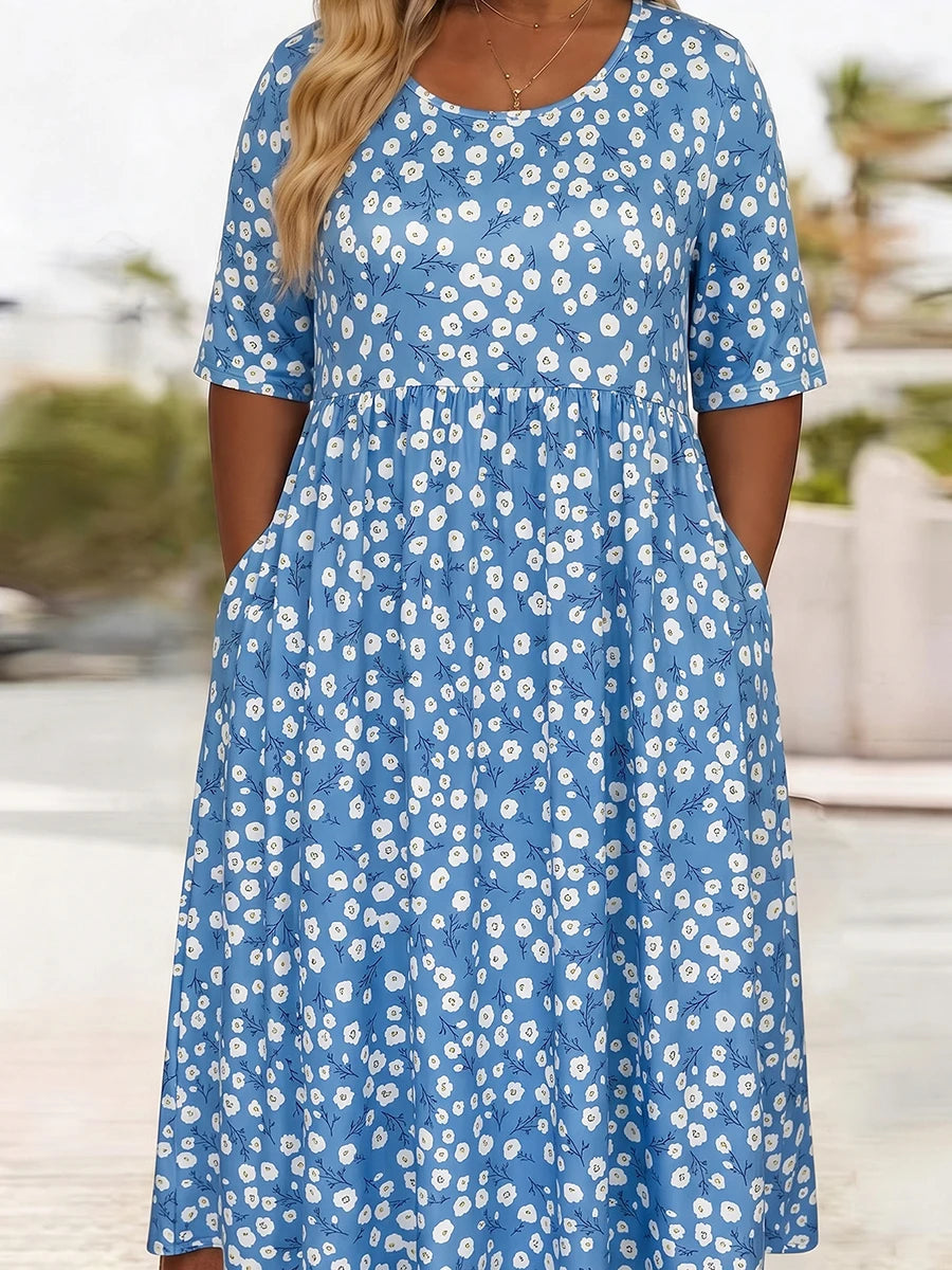 Celeste | Blauwe Midi Jurk met Bloemenprint en Zakken