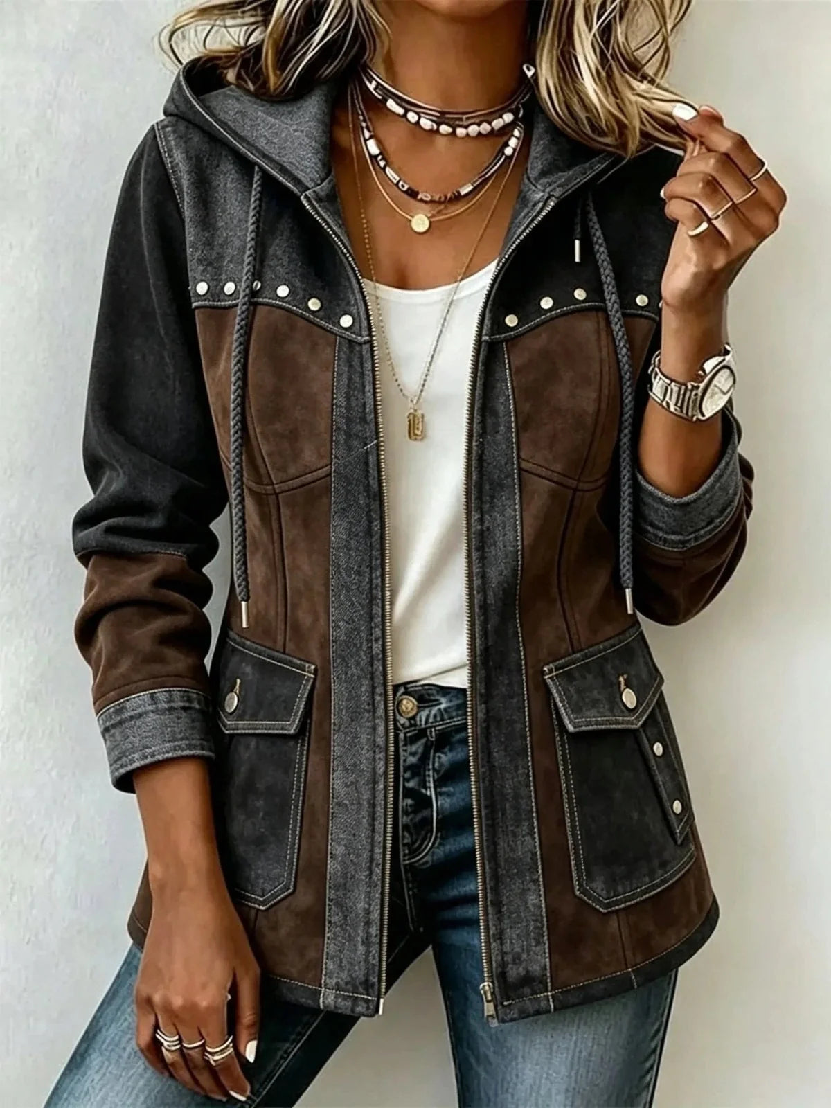 Camille™ | Jas met capuchon in patchworkstijl
