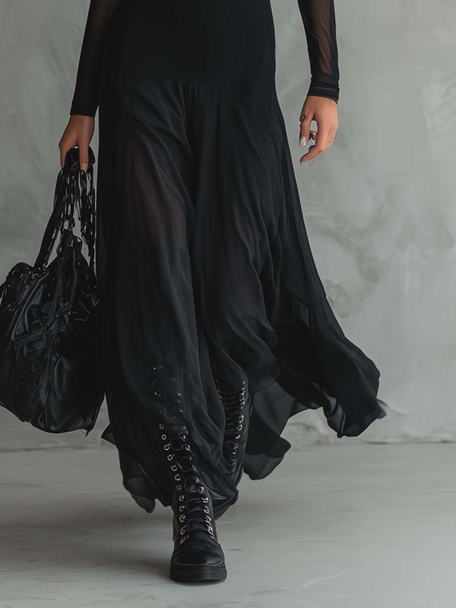 Maxi Loose-fit Jurk in Zwart Tulle