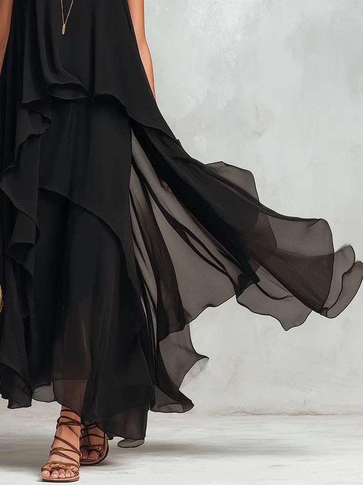 Zwarte Chiffon Laagjes Ronde Hals Mouwloze Maxi Jurk