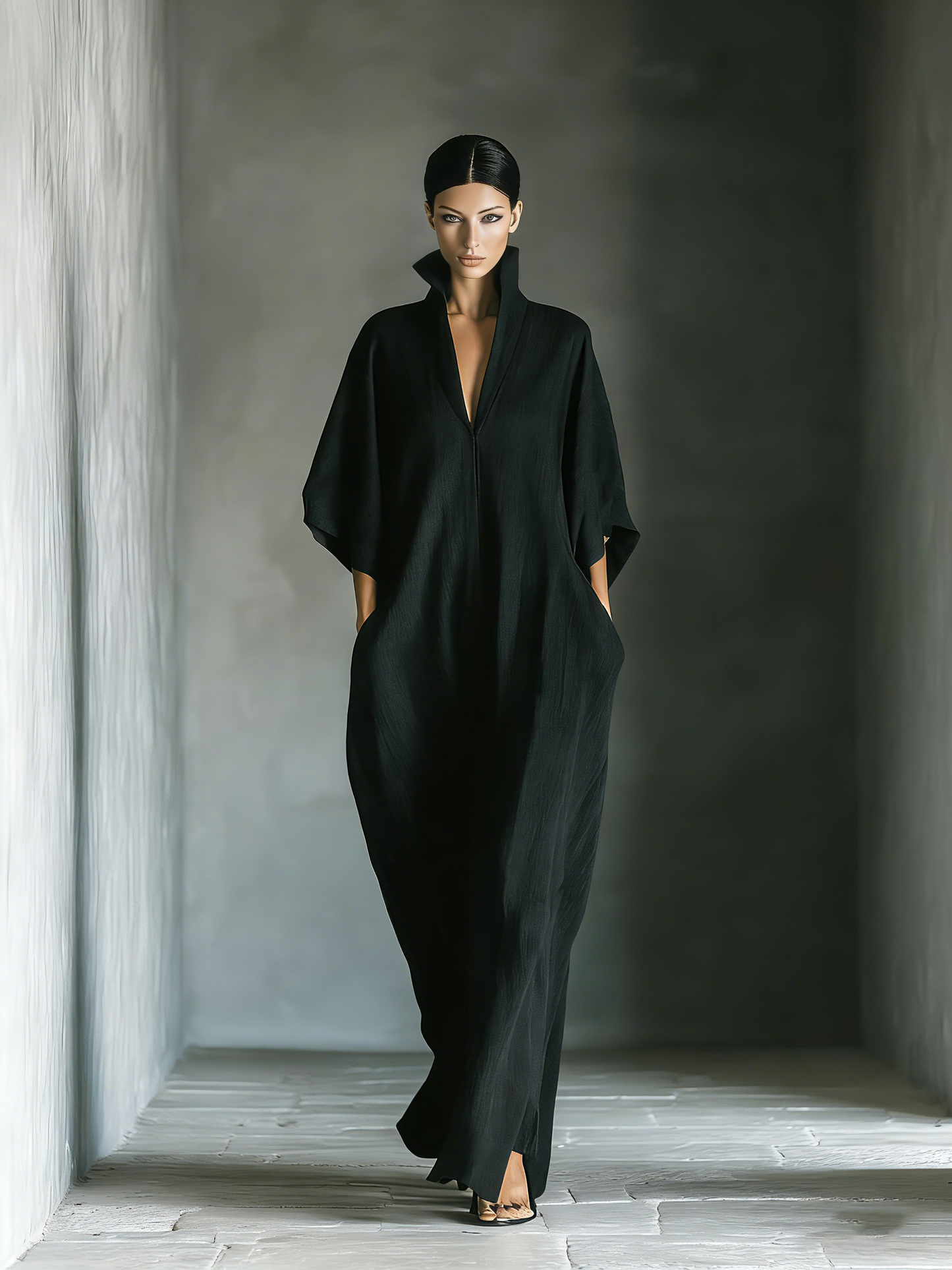 Costanza | Zwarte maxi-jurk met kimono-mouwen en V-hals