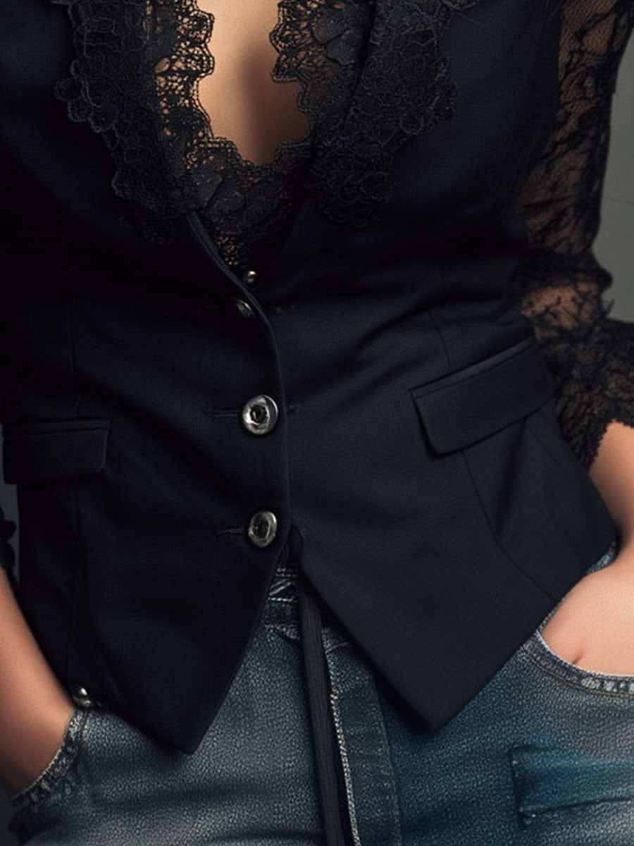Noémie | Zwarte blazer met halfdoorzichtige mouwen