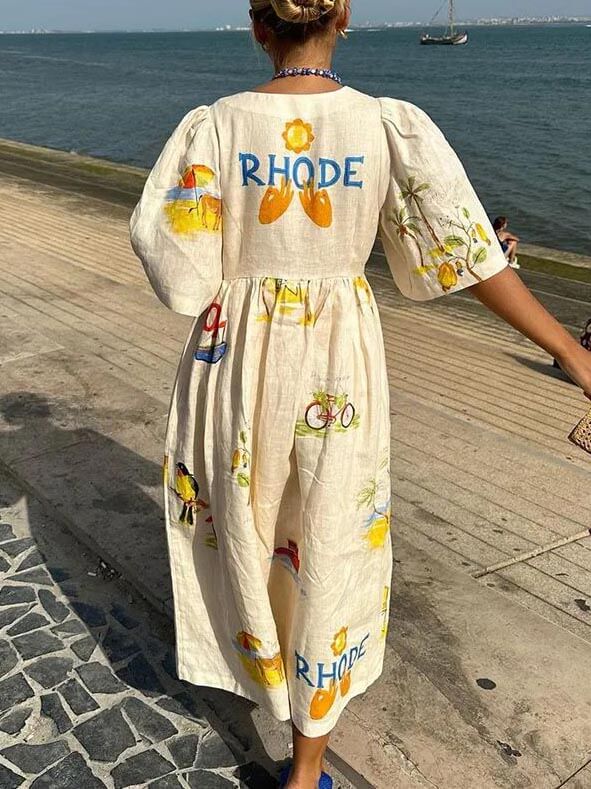 Unieke Vakantie Folk Bloemen Print Puff Sleeve Midi Jurk