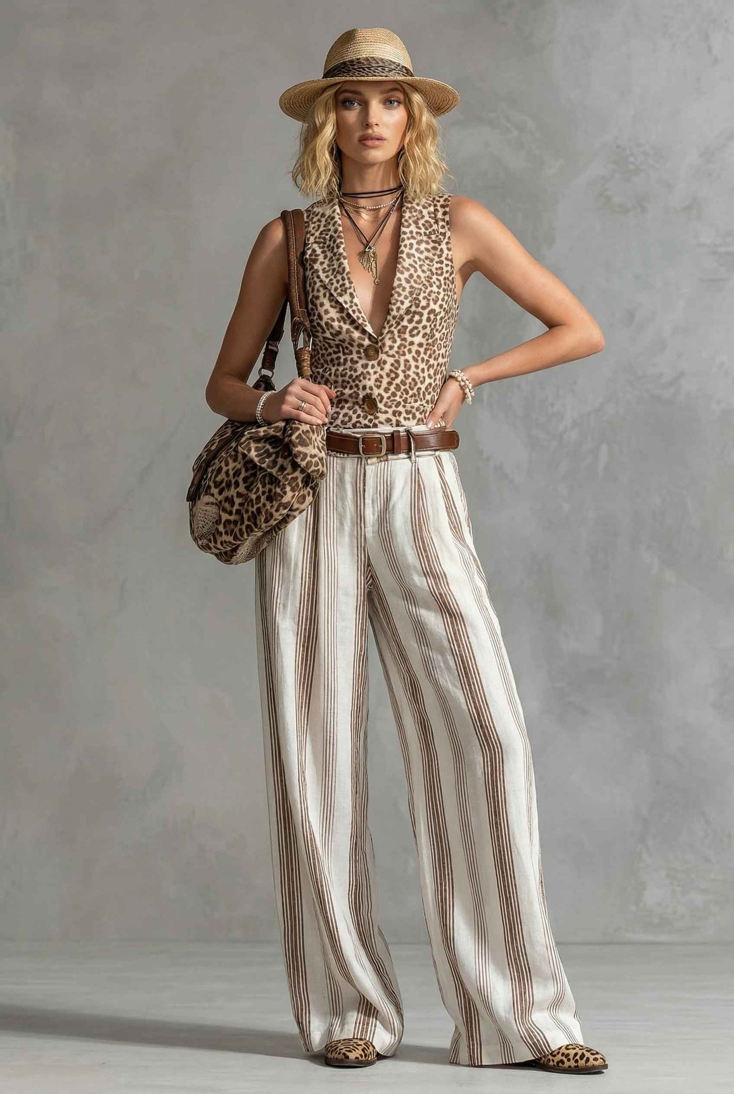 Luipaardprint Vest en Gestreepte Wijde Broek Set