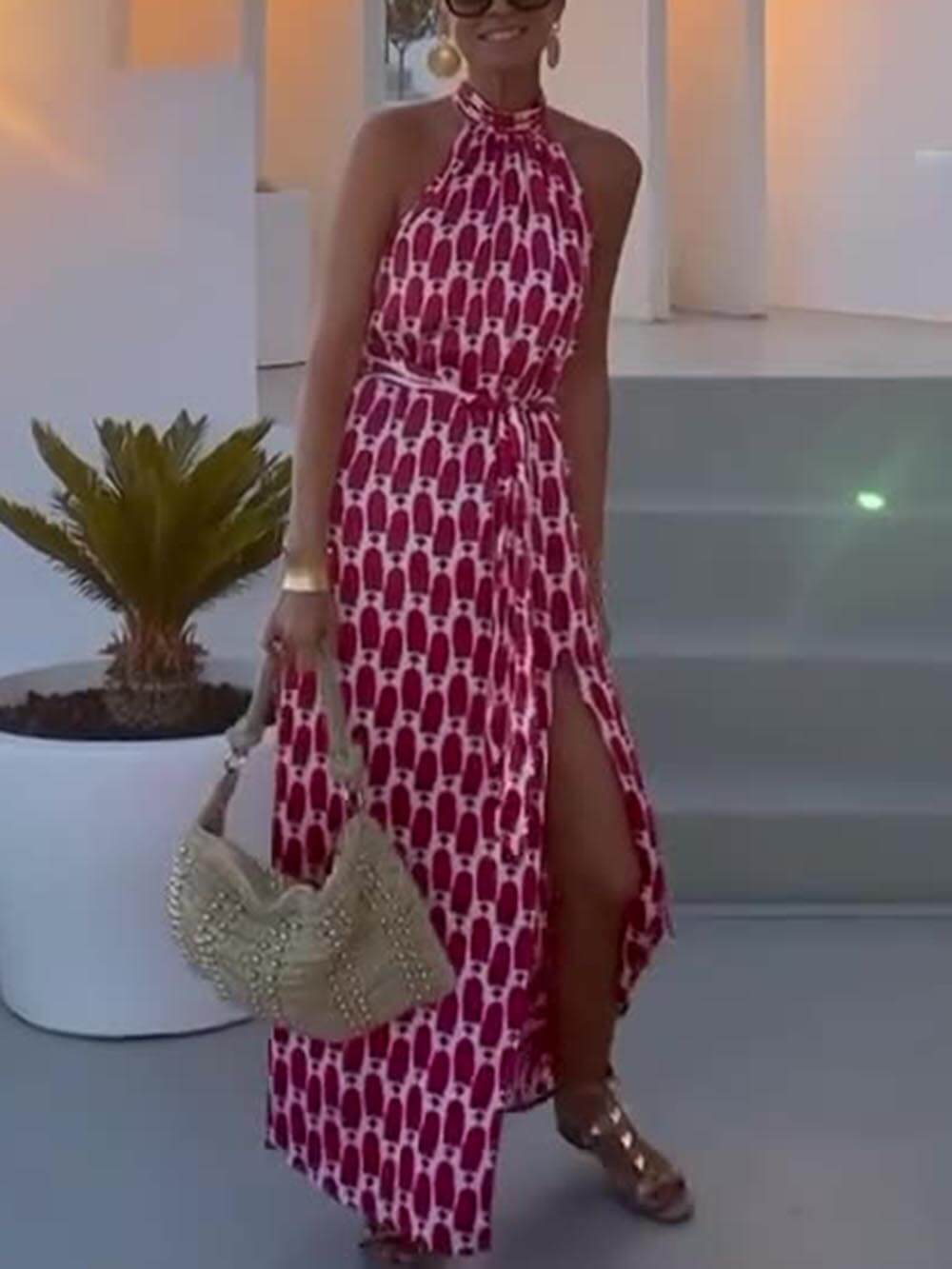 Sexy en Modevol Gedrukt Halternek Strand Split Midi Jurk