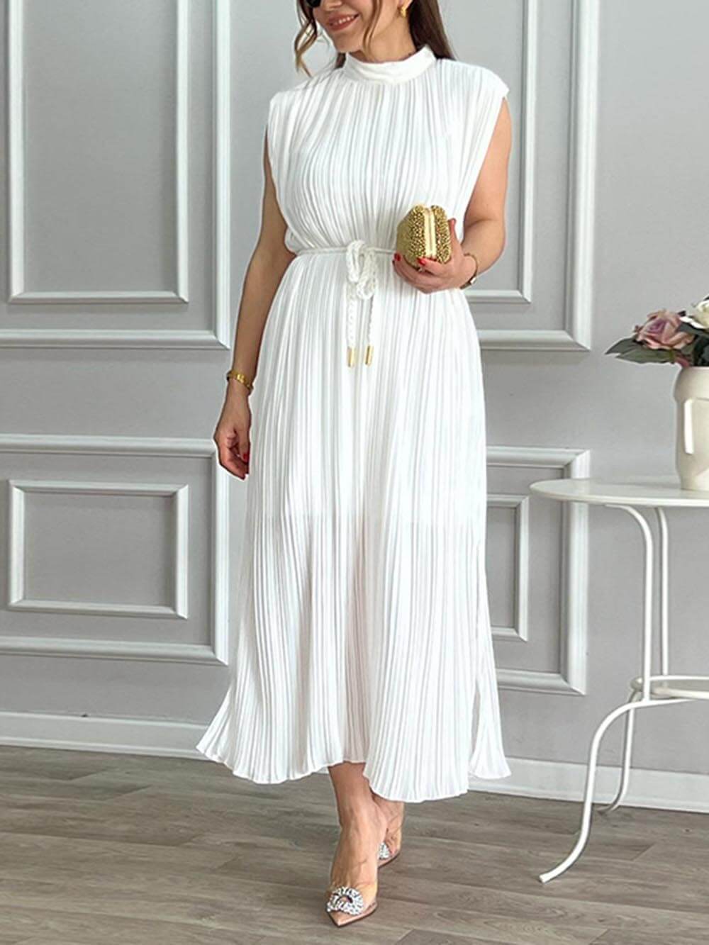 Elegante Plissé Halflange Kraag Midi Jurk