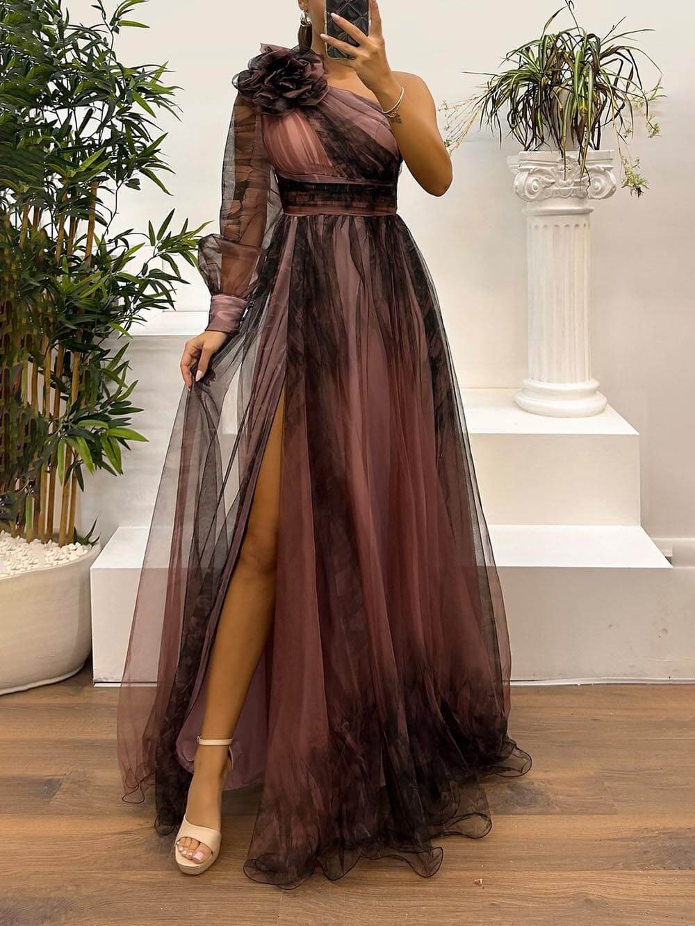 Exquise Casual Off-Shoulder Mesh Print Maxi Jurk
