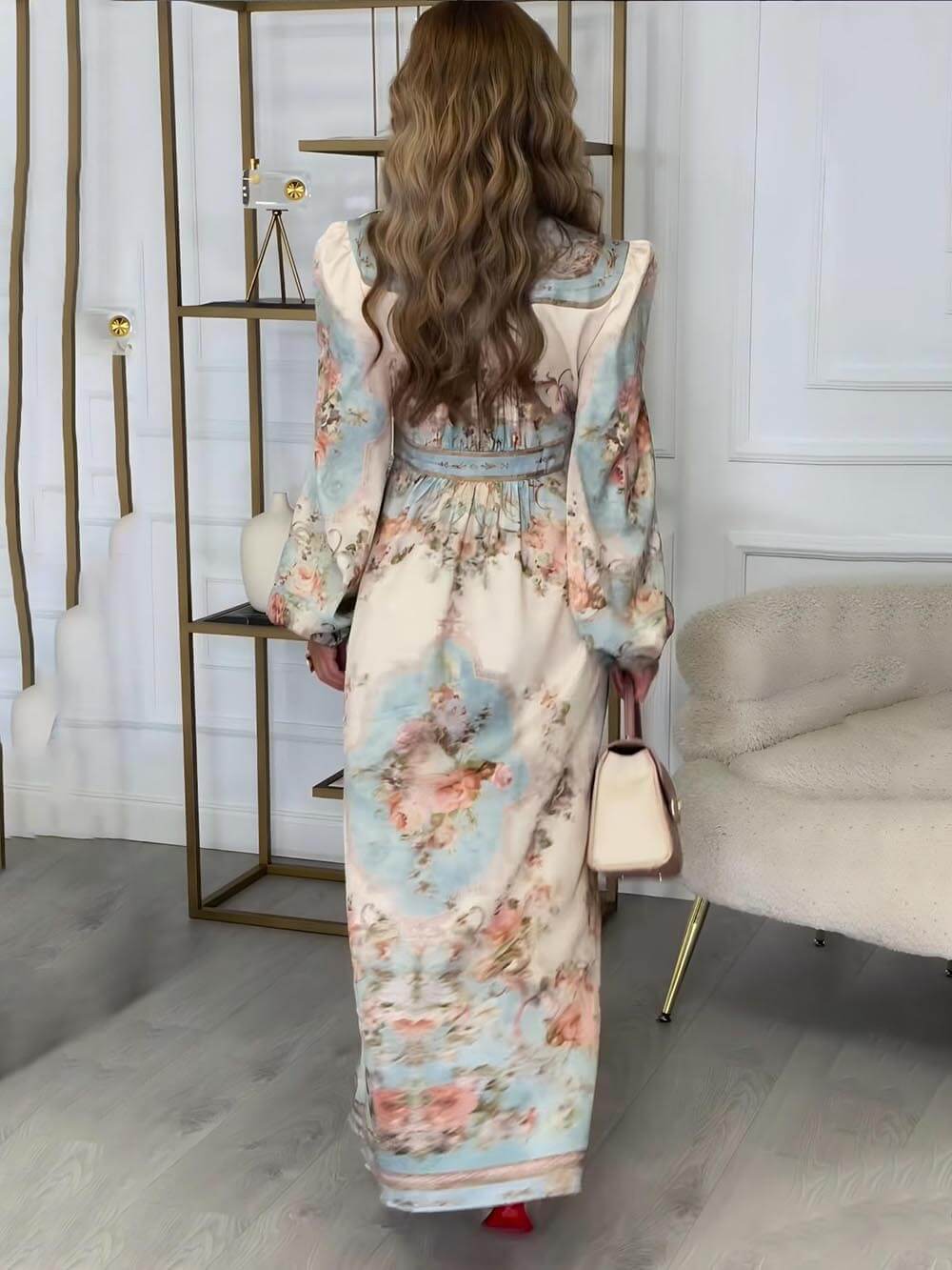 Elegante Bloemenprint Lantern Mouw Geknoopte A-Lijn Maxi Jurk