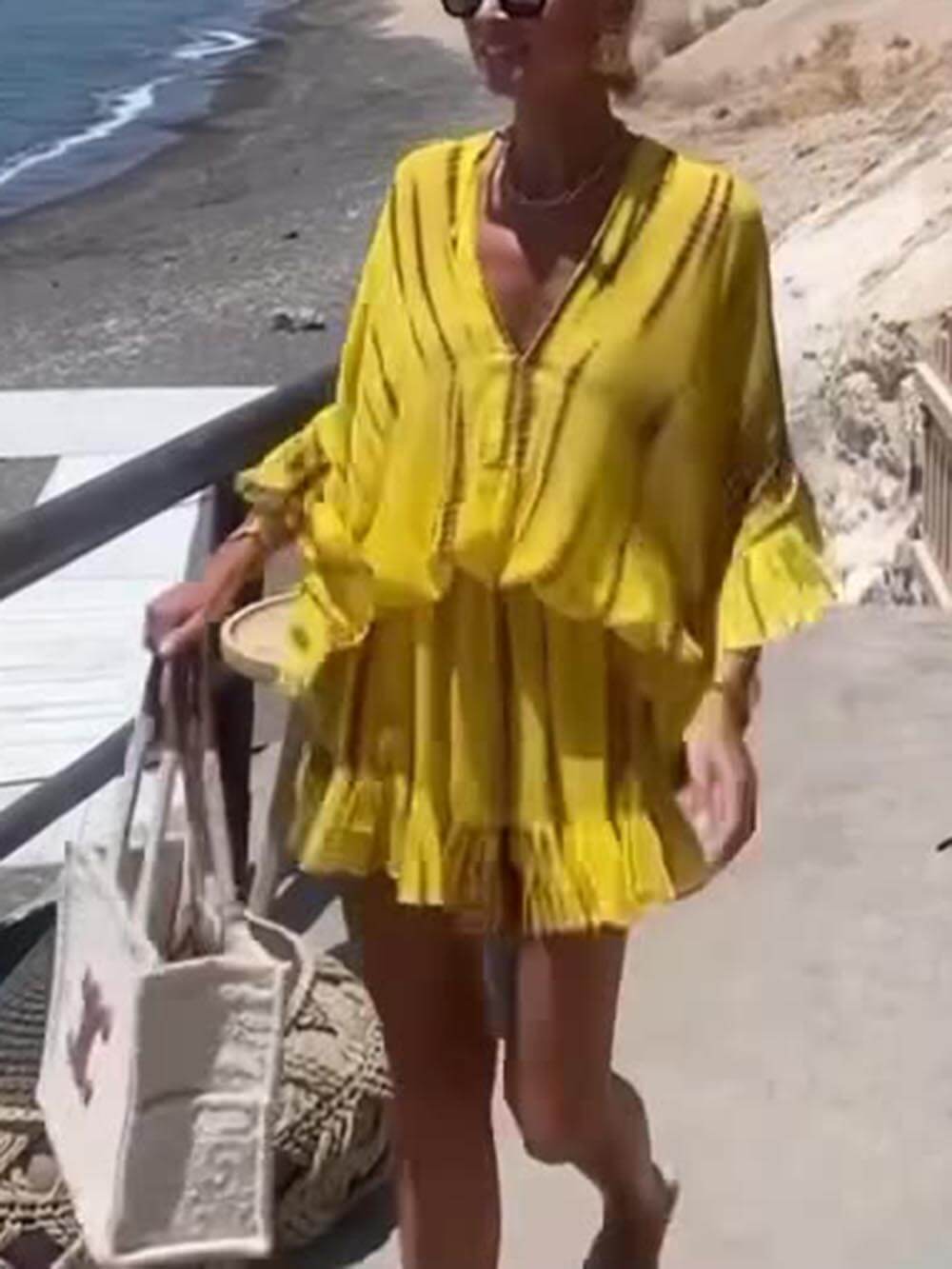 Unieke Tie Dye Ruffle Batwing Mouw Elastische Taille Kaftan Mini Jurk