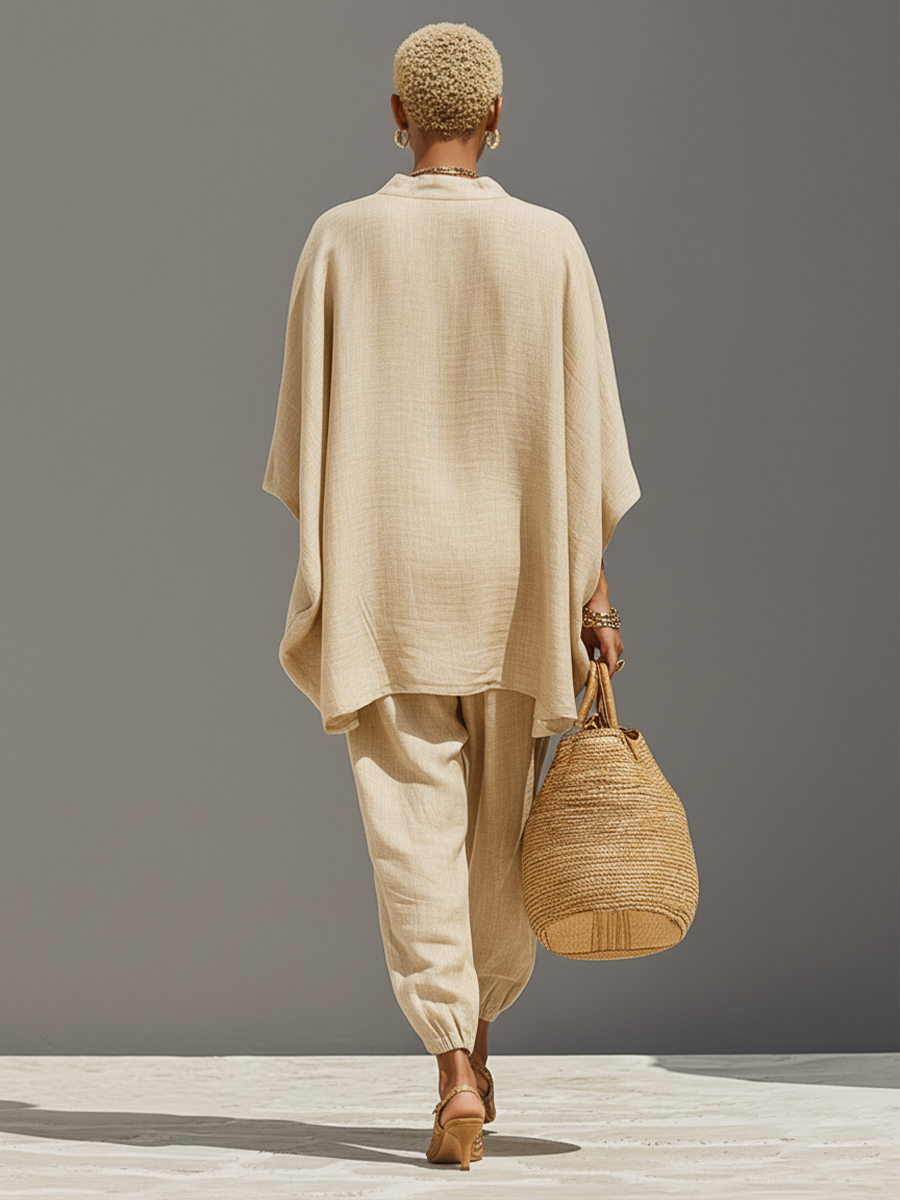 Dames Neutraal Linnen Set Met Asymmetrische Zoom & Minimalistisch Ontwerp, Verfijnde Dagelijkse Casual Stijl Set MDZ0501B3I