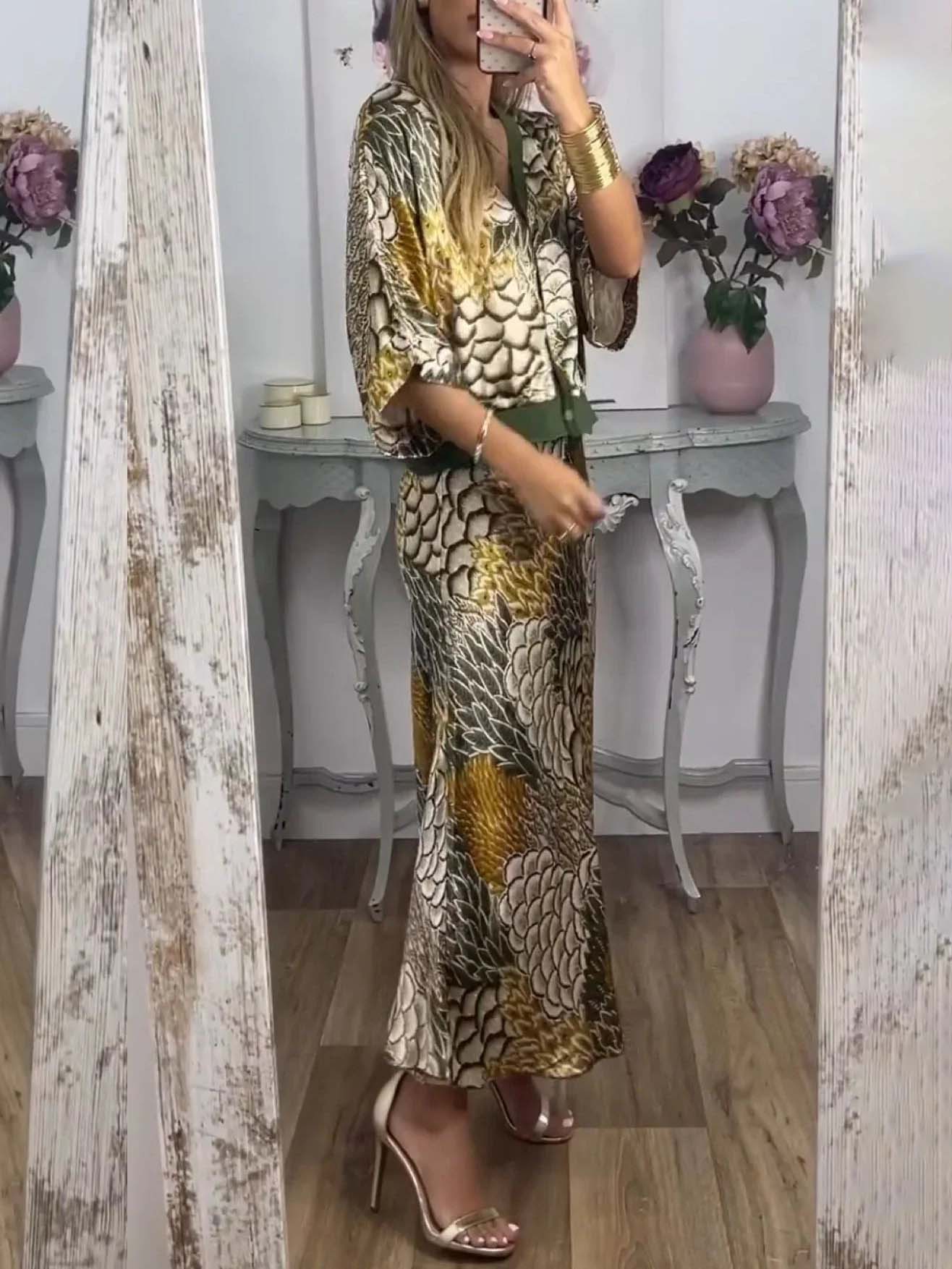 Retro Schaalprint Satijnen Rok Twee-delig Set