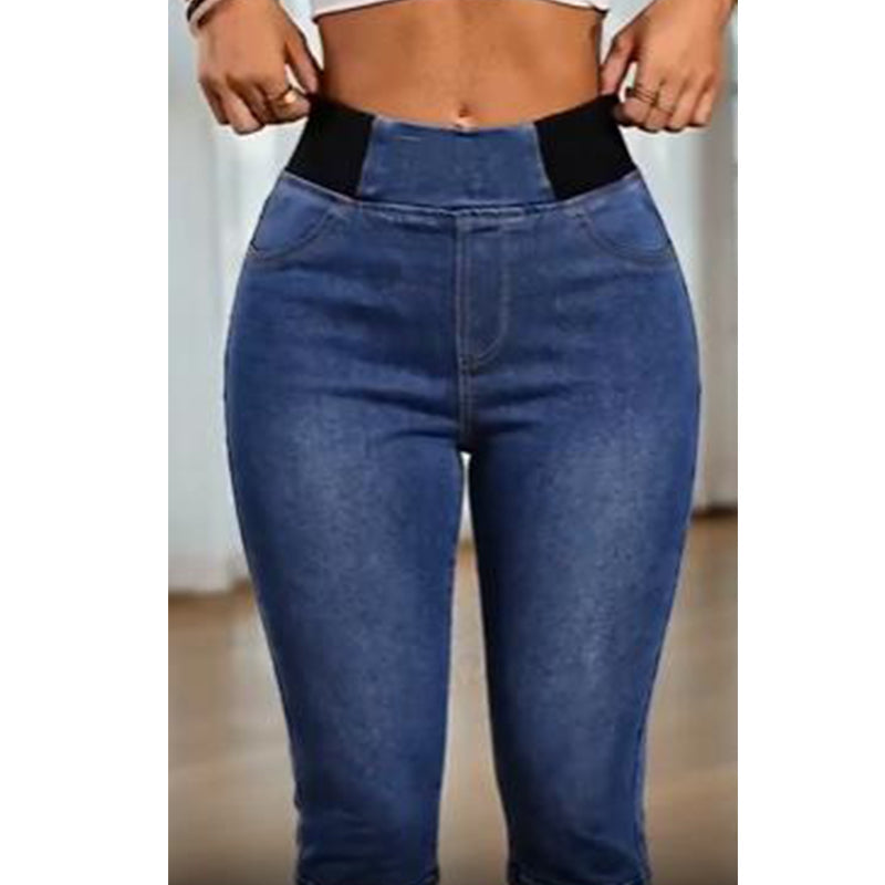 Capri-jeansbroek met hoge taille voor dames, elastische tailleband, kort model