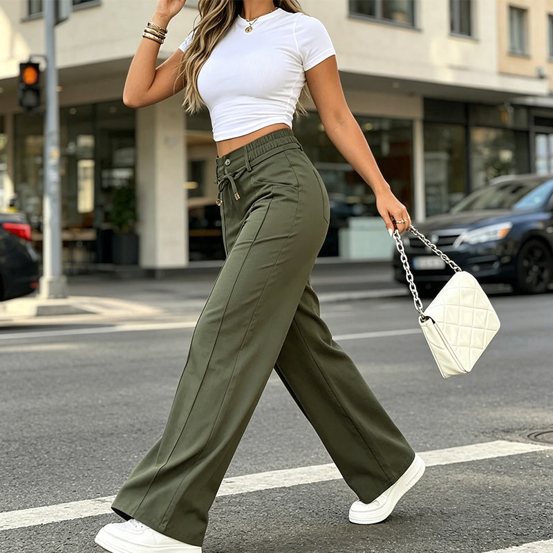 Broek met hoge taille en rechte pijpen – Naad aan de voorkant, elastiek aan de achterkant en flatterende pasvorm – Perfect voor een elegante alledaagse look 🌿