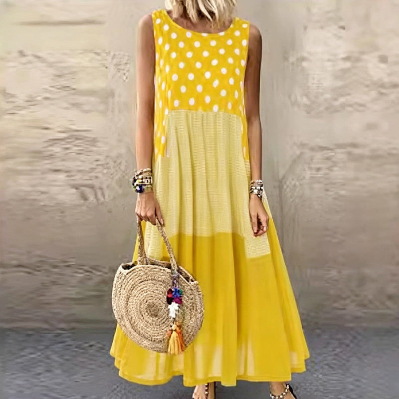 Bestseller🏆👗 Mouwloze patchworkjurk – Veelzijdig stippen- en ruitjespatroon voor elke gelegenheid 🌸✨