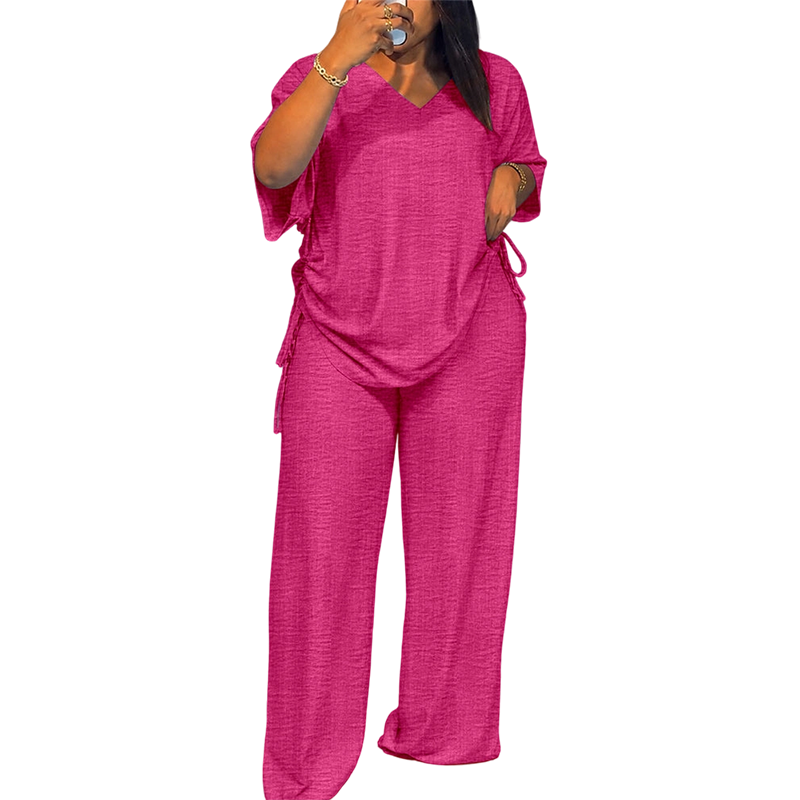 Casual set voor dames: top met V-hals en wijde broek