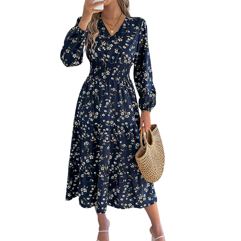 Damesjurk met bloemenprint, V-hals, gesmokte taille en ruches