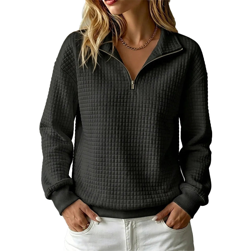 Gewatteerde sweater met rasterpatroon voor dames, met halve ritssluiting