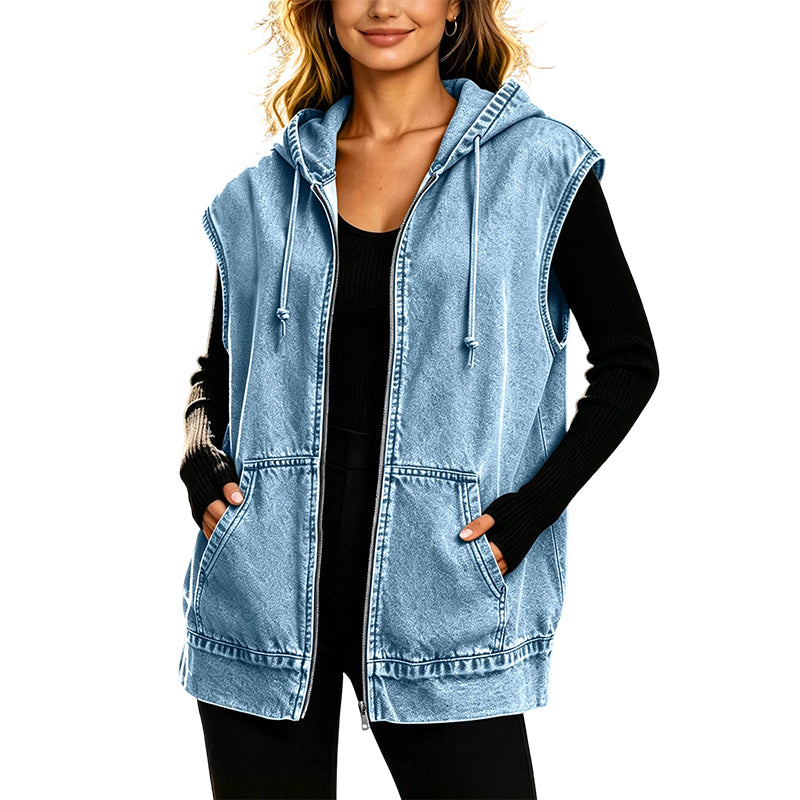 Casual mouwloos jeansjack met capuchon voor dames