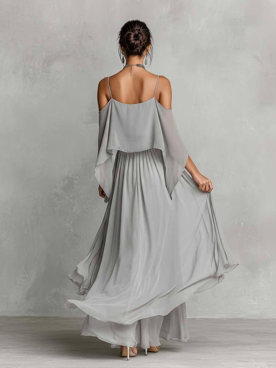 Dames Grijze Ademend Chiffon Set Met Cold-Shoulder Detail & Uitlopende Silhouet, Hedendaagse Luxe-Vrouwelijke Stijl Set MDZ2651B6I