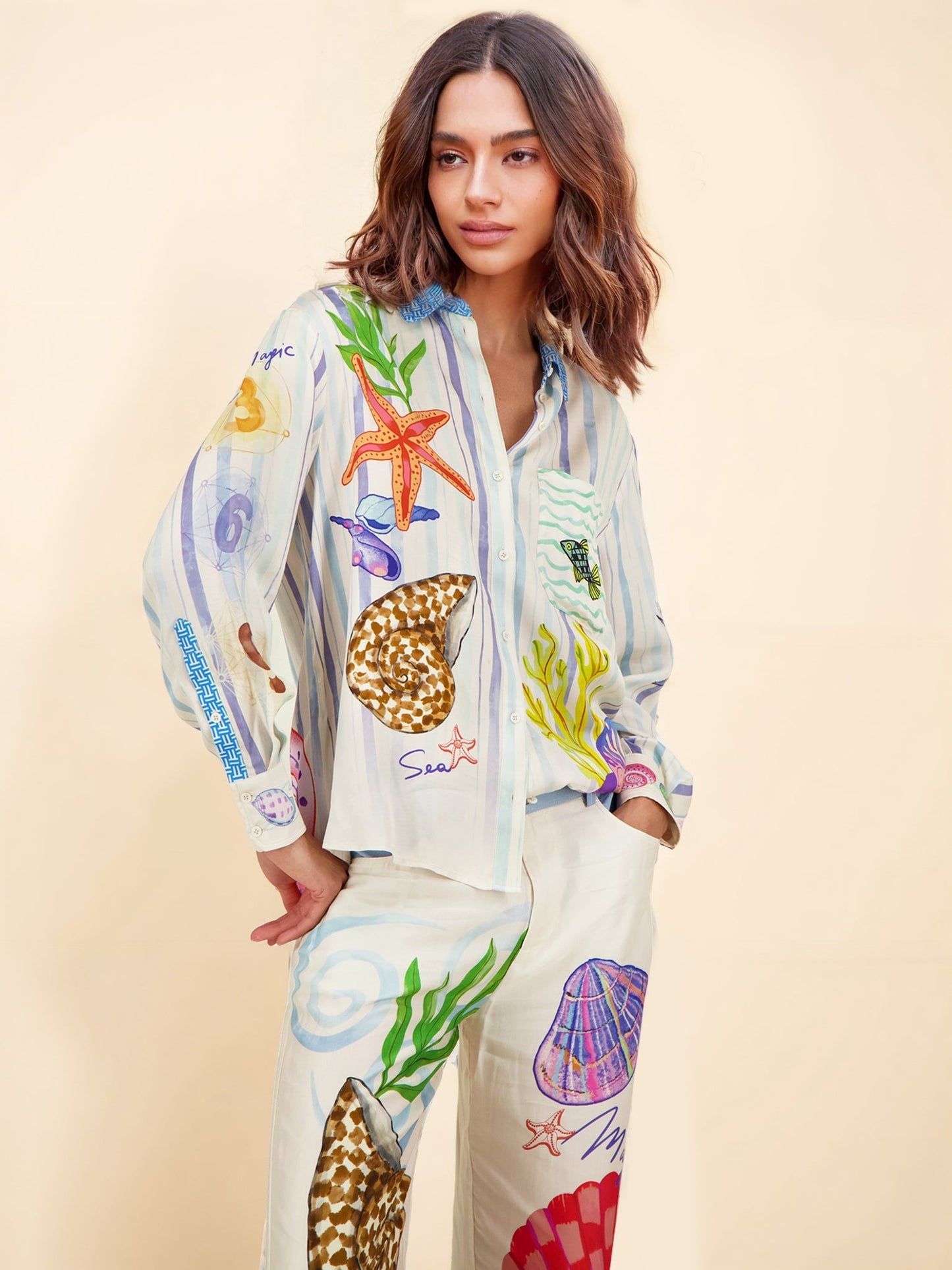 Ocean Theme Print Lange Mouw Colbert