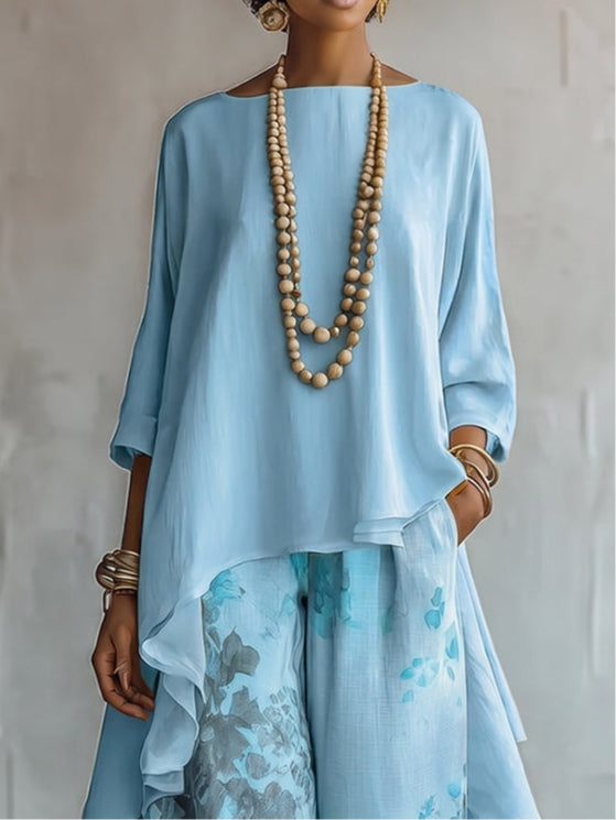 Rosalia | Compleet met Asymmetrische Top in Chiffon en Bloemenbroek met Wijde Pijpen