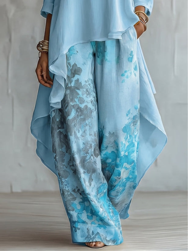 Rosalia | Compleet met Asymmetrische Top in Chiffon en Bloemenbroek met Wijde Pijpen
