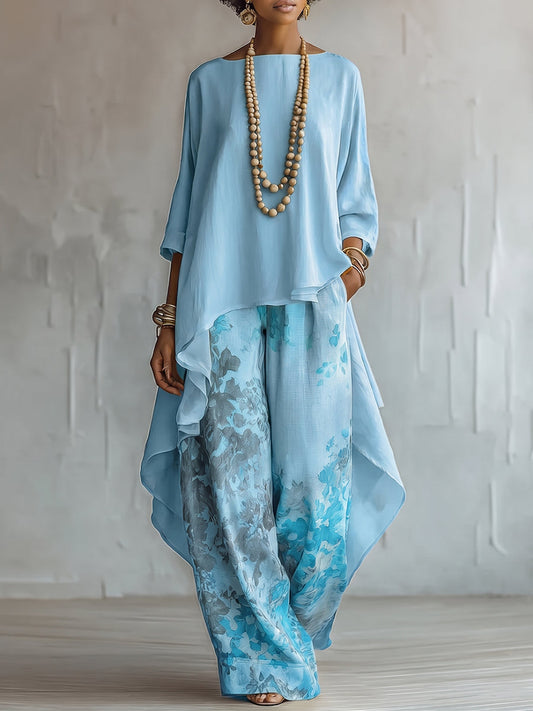 Rosalia | Compleet met Asymmetrische Top in Chiffon en Bloemenbroek met Wijde Pijpen