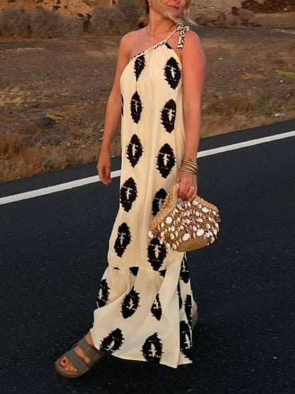 Zonneschijn Etnische Print One-Shoulder Losse Maxi Jurk