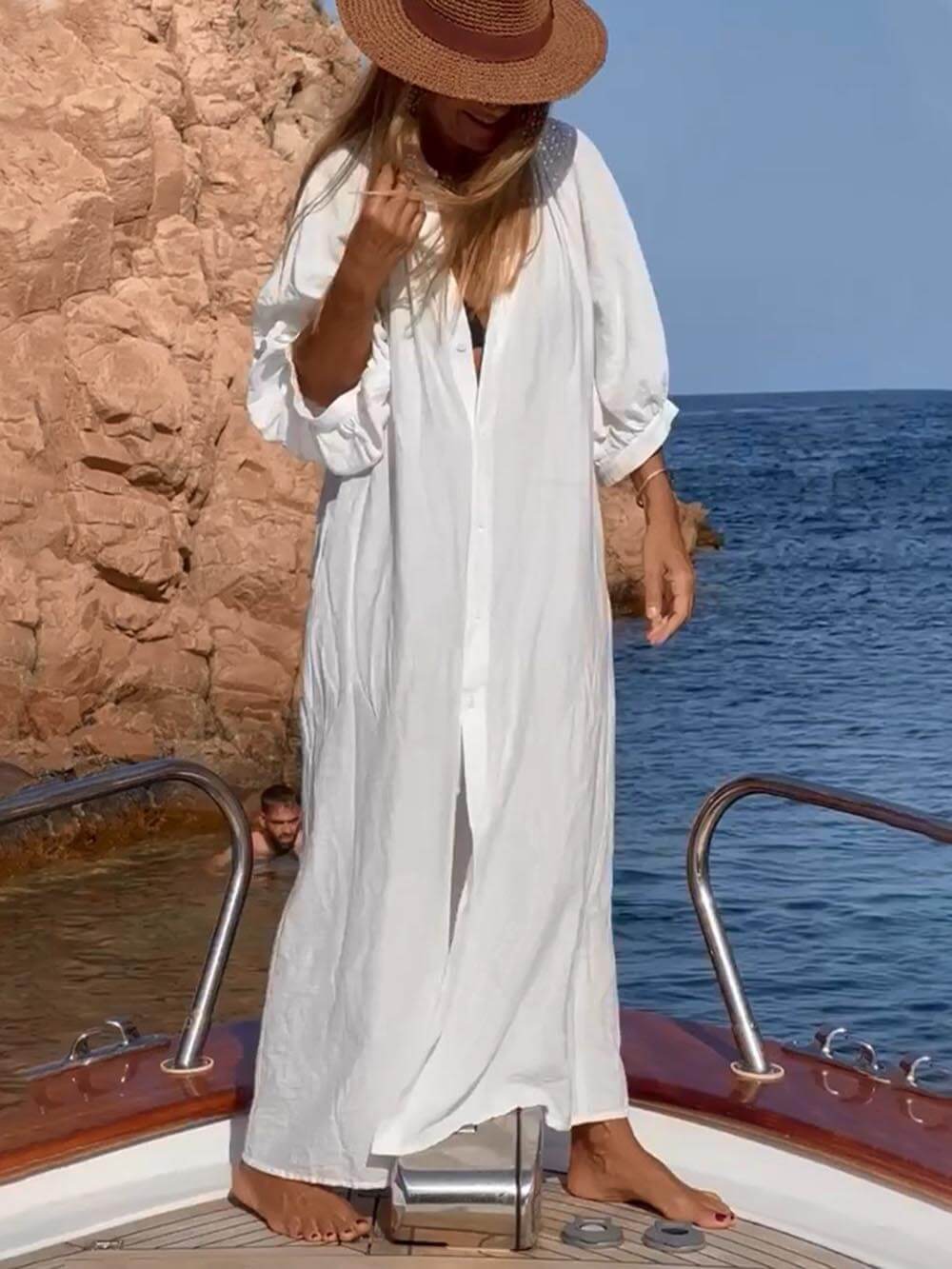 Ballonmouw Knop Pocket Loose Shirt Maxi Jurk