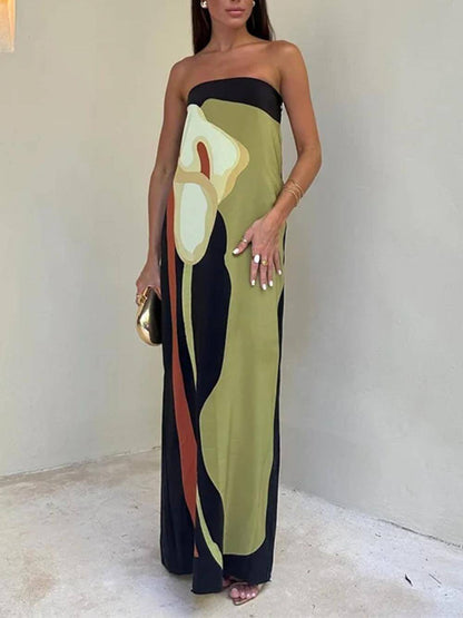Mode Contrast Mouwloze Off Shoulder Gedrukt Maxi Jurk