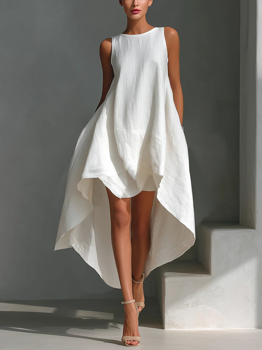 Katy | Witte Linnen Asymmetrische Jurk