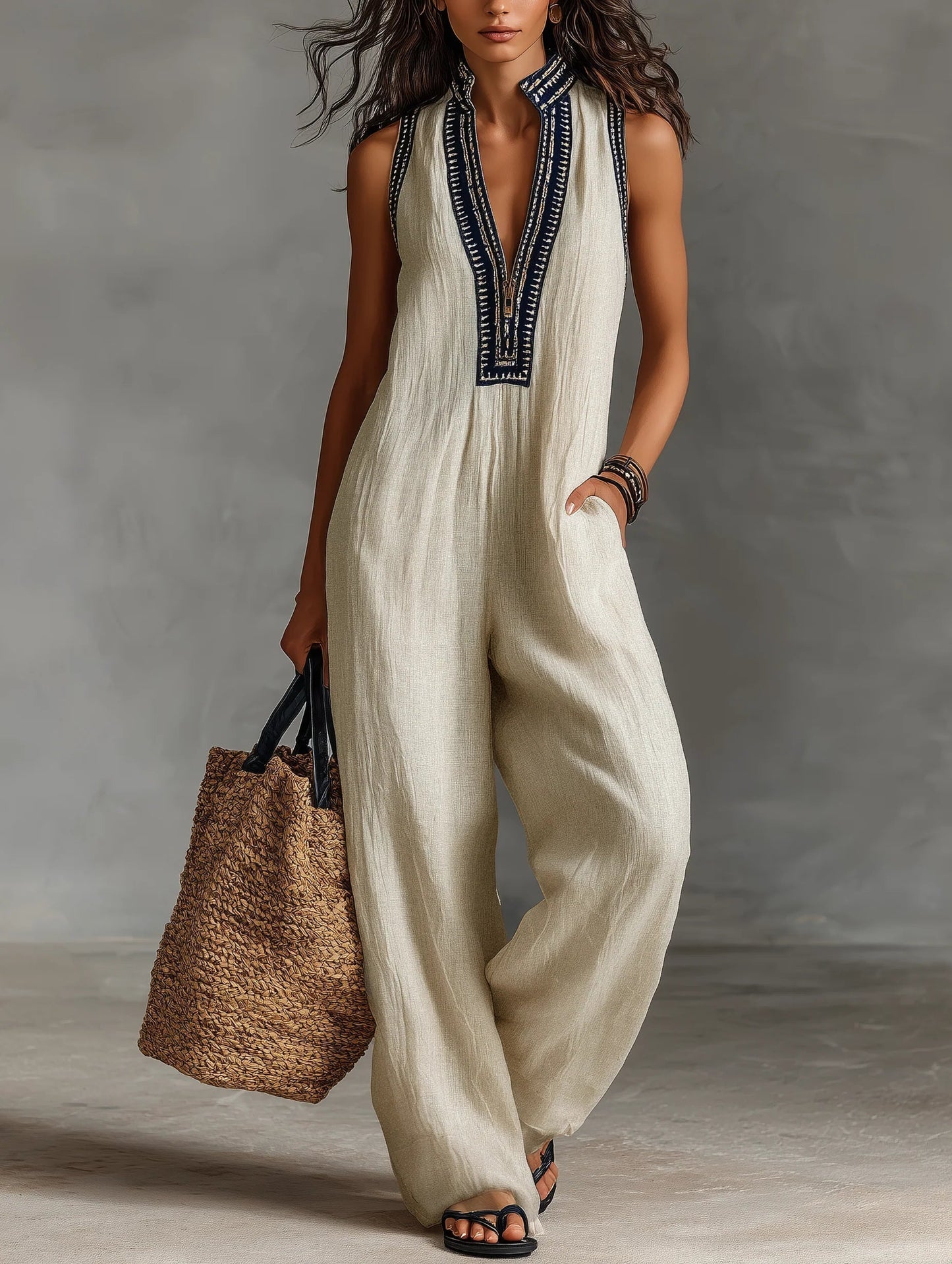 Kayla | Bella Mediterranea Geborduurde Linnen Jumpsuit
